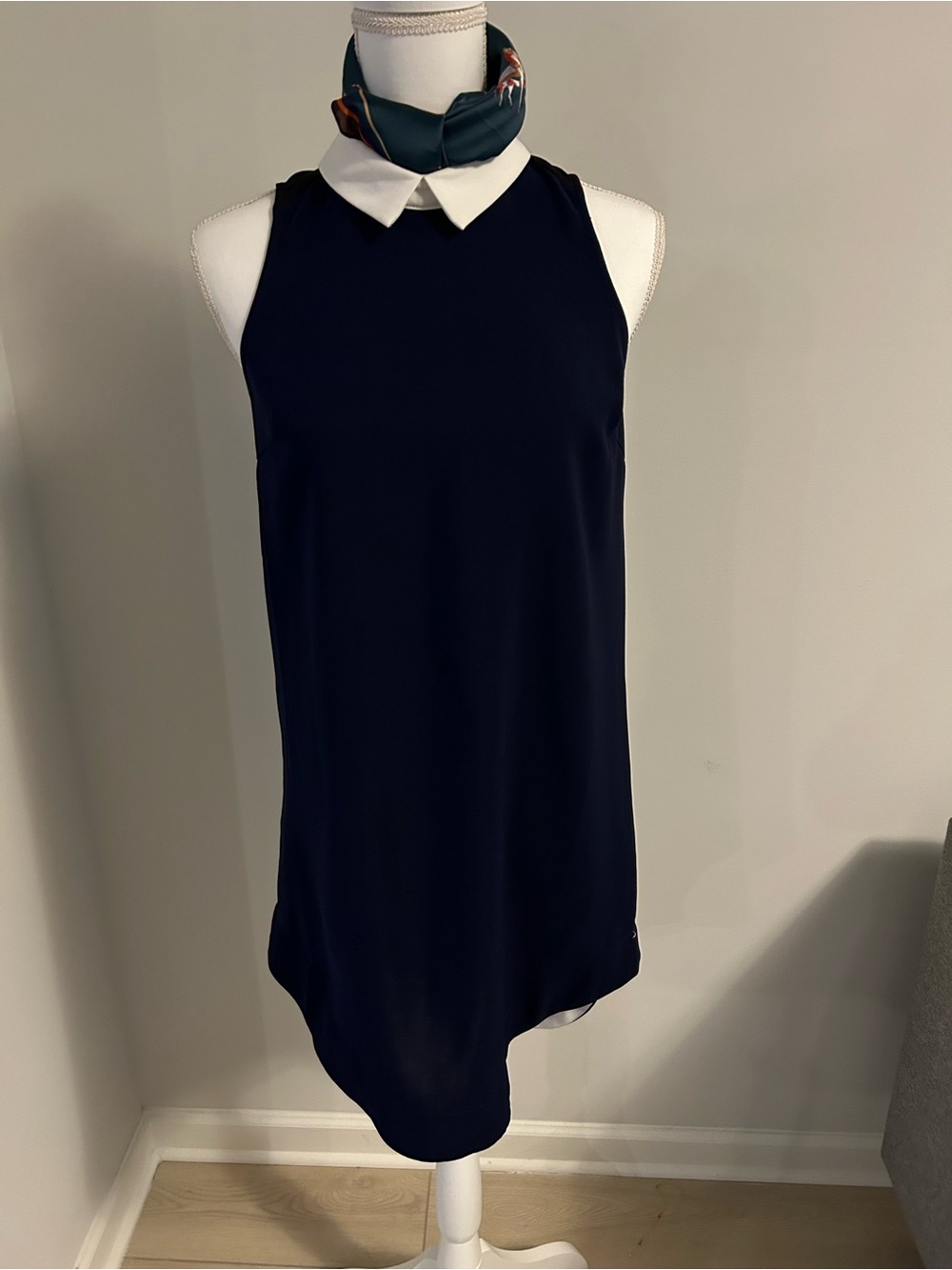 Sleeveless Navy Shift Dress with White Collar